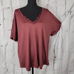 DAYTRIP‎ Dolman V-Neck Blouse Top Burgundy Maroon Stretch Lace Shirt Womens L